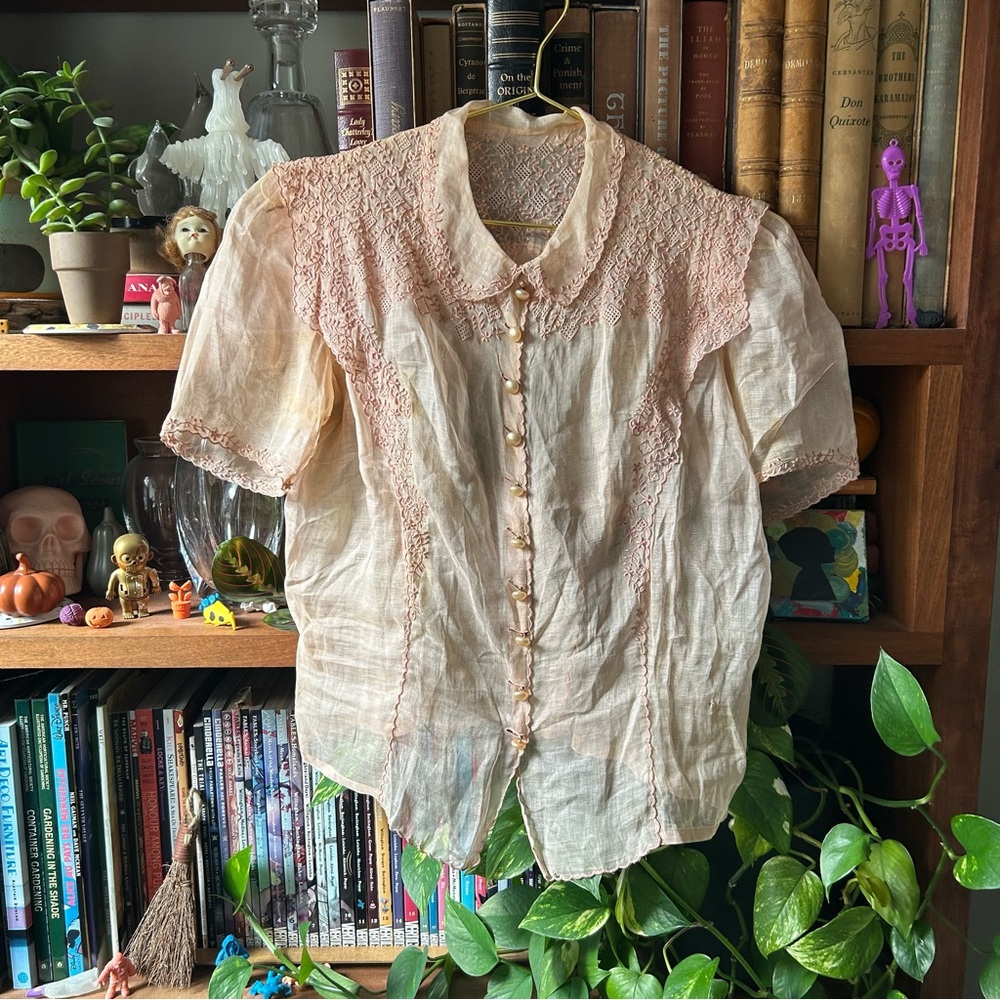 Vintage 60s sheer blouse orange pink Peter Pan collar - Picture 6 of 17